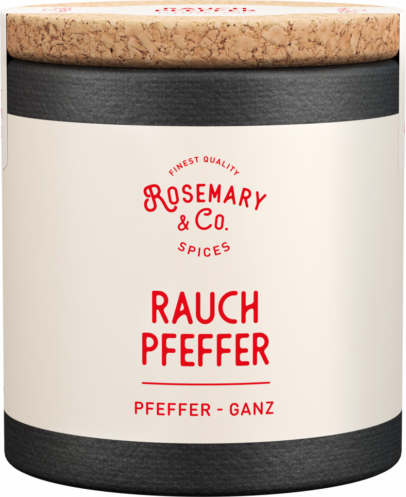 Runde Dose Rauchpfeffer von Rosemary & Co Gewürze mit Korkdeckel und creme-schwarzem Design