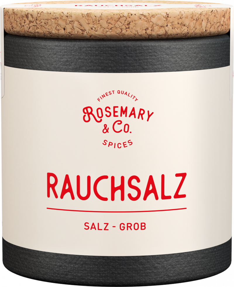 Schwarze und weiße Dose mit Korkdeckel, Aufschrift Rauchsalz, Marke Rosemary & Co Gewürze1