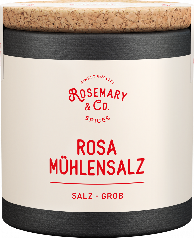 Dose mit Aufschrift Rosemary & Co. Gewürze Rosa Mühlensalz, Korkdeckel1