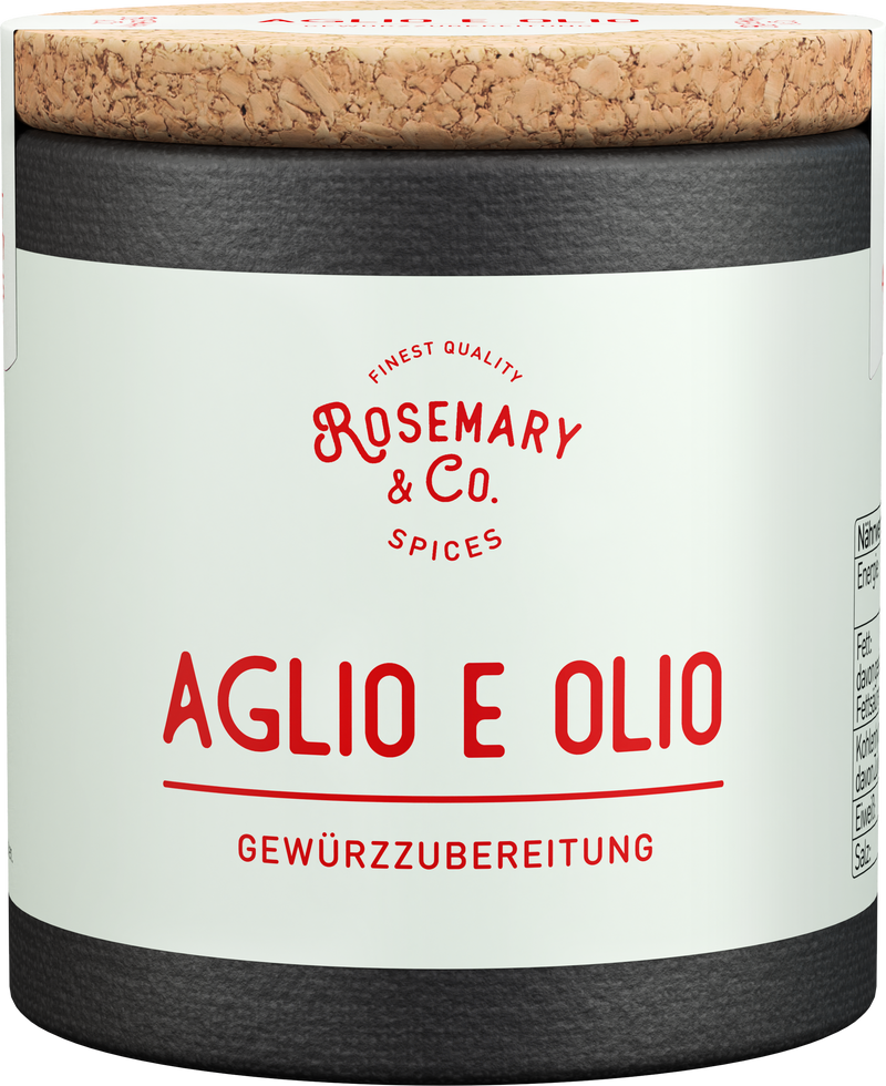 Runde Dose Rosemary & Co. Gewürze Aglio e Olio mit Etikett und Korkdeckel1