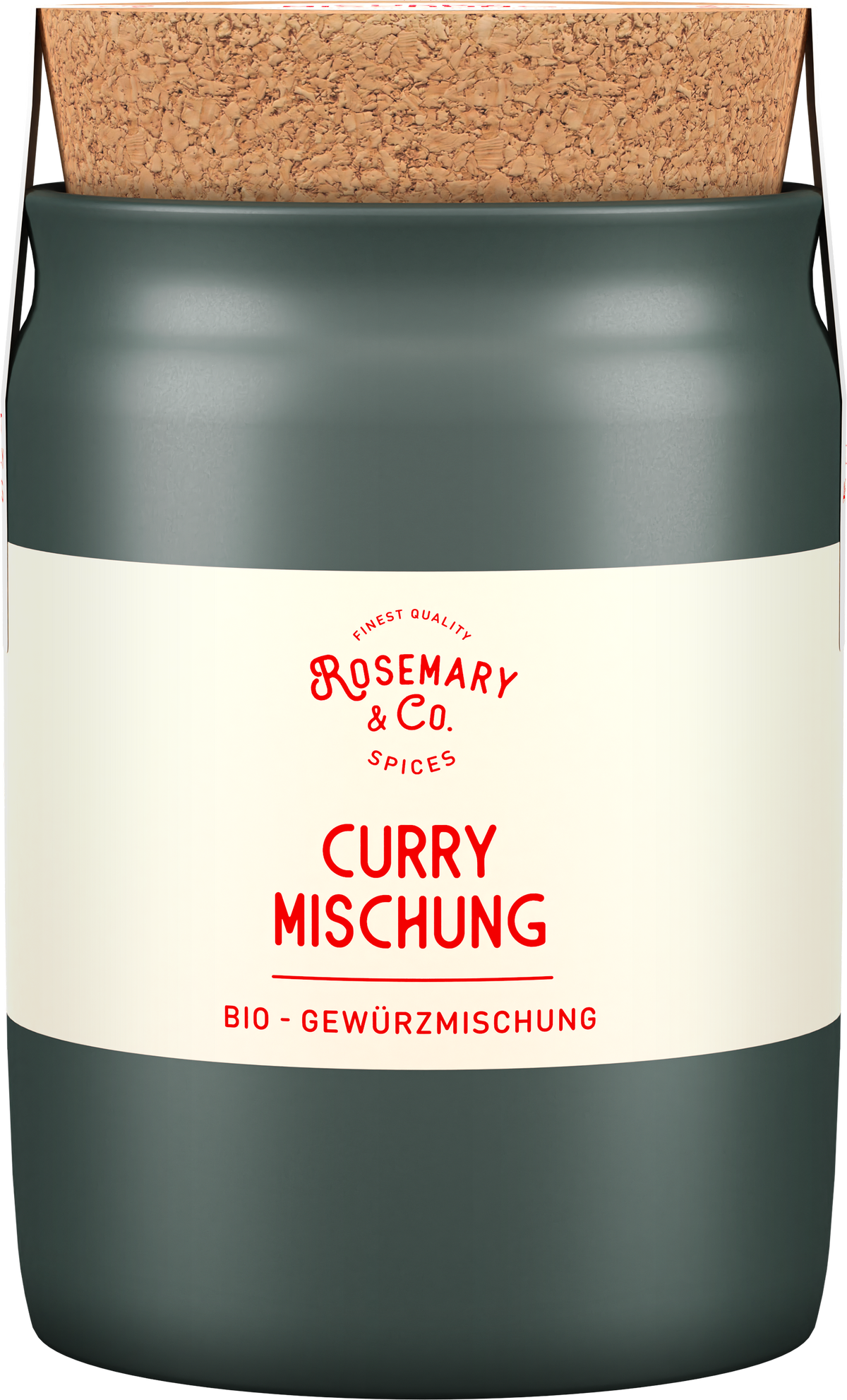 Grüne Keramikdose mit Korkdeckel, Aufschrift Bio Curry Mischung von Rosemary & Co Gewürze