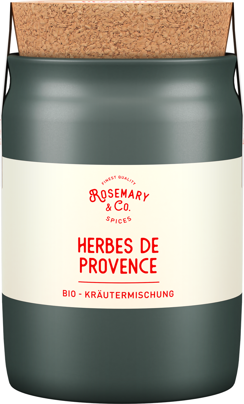 Grüne Dose von Rosemary & Co. Gewürze mit Aufschrift Bio Herbes de Provence auf Deutsch und Französisch1