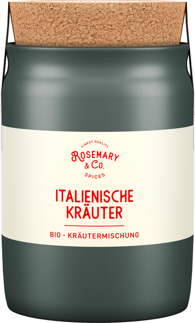Dose „Bio Italienische Kräuter“ von Rosemary & Co Gewürze mit Korkdeckel und weiß-grünem Etikett1
