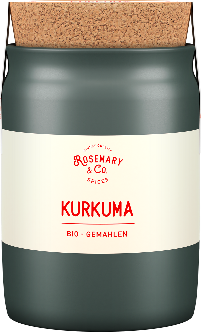 Dunkelgrüne Dose aus Keramik mit Korken und Aufschrift Bio Kurkuma von Rosemary & Co Gewürze1