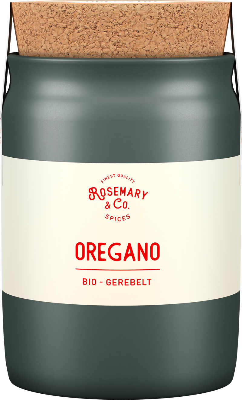 Grüne Keramikdose mit Korkdeckel, Aufschrift Rosemary & Co. Gewürze Bio Oregano1