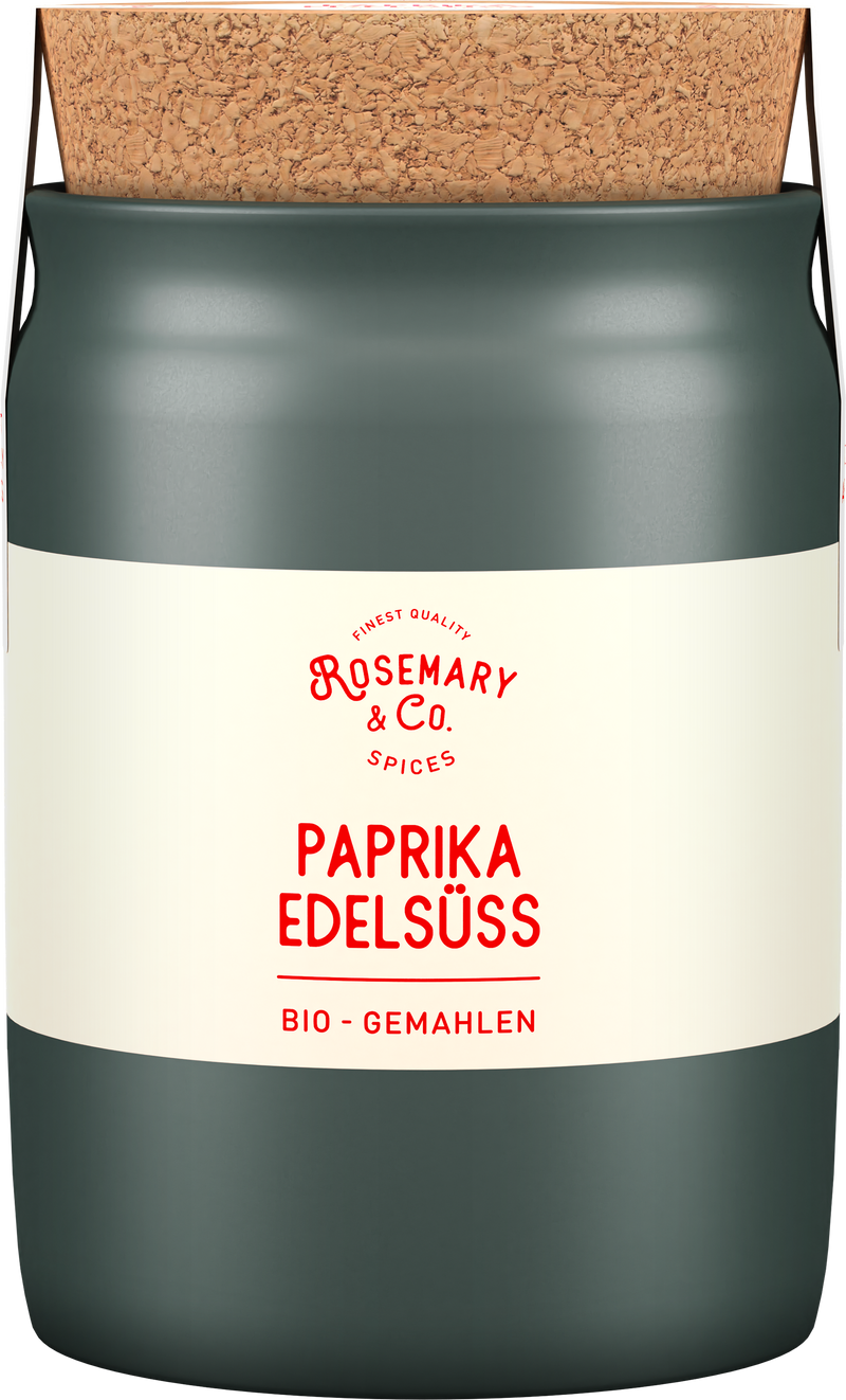 Grüne Keramikdose mit Korkdeckel, Aufschrift Bio Paprika Edelsüß Rosmarin & Co. Gewürze1