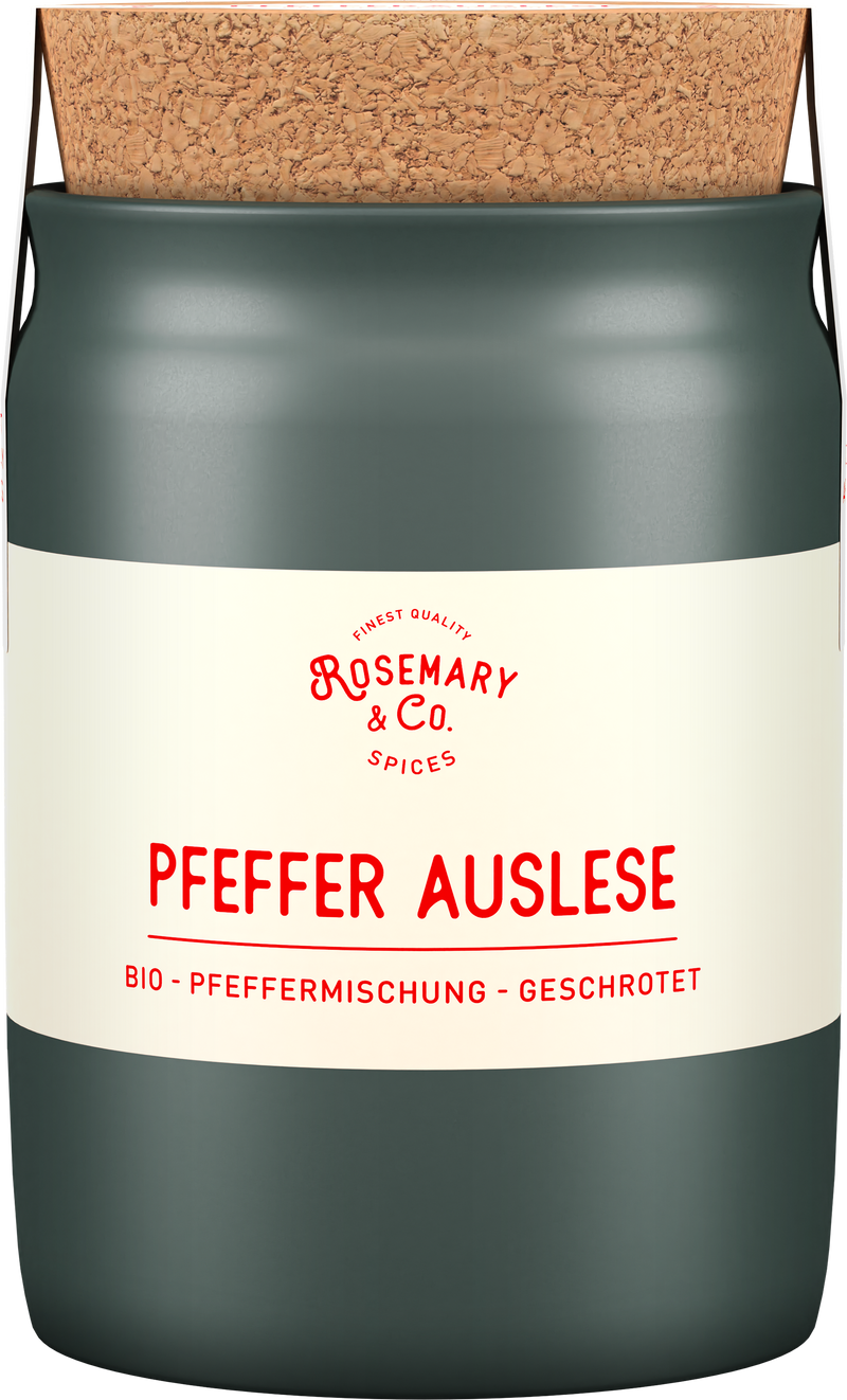 Dunkelgrüne Dose mit Aufschrift Bio Pfeffer Auslese von Rosemary & Co Gewürze und Korkdeckel1
