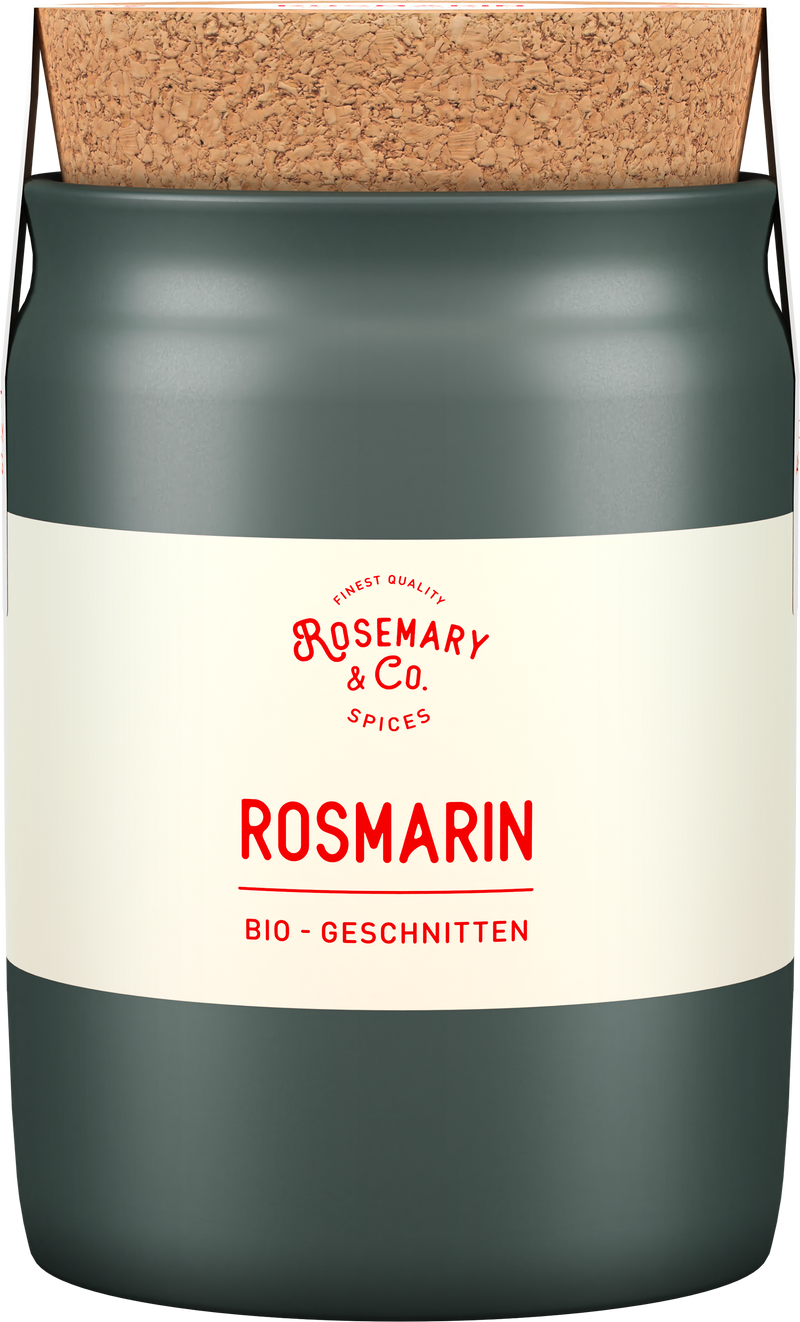 Grüne Dose mit Korkdeckel, Aufschrift Bio Rosmarin von Rosemary & Co Gewürze1