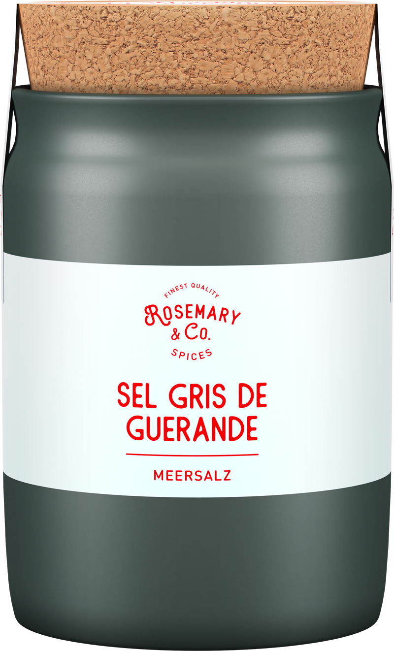 Dunkelgrüne Dose mit Korkdeckel, Aufschrift Rosemary & Co. Gewürze in roter Schrift, Sel Gris de Guérande1