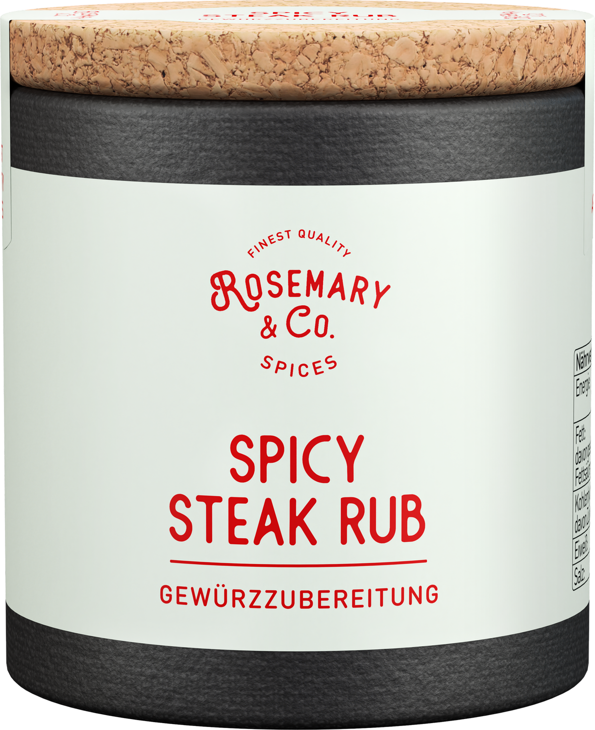 Dose mit Aufschrift Rosemary & Co. Gewürze Spicy Steak Rub, Korkdeckel, rote Schrift auf weißem Hintergrund