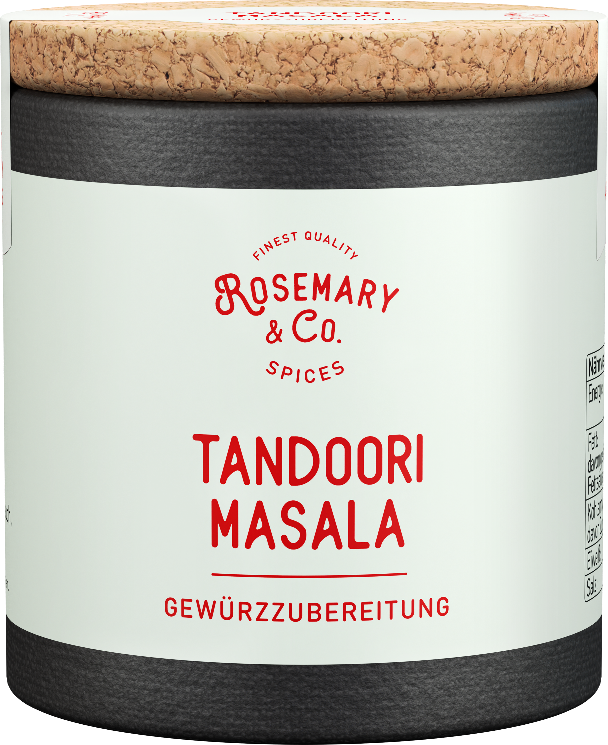 Dose Rosemary & Co. Tandoori Masala Gewürzmischung mit Korkdeckel und weißem Etikett
