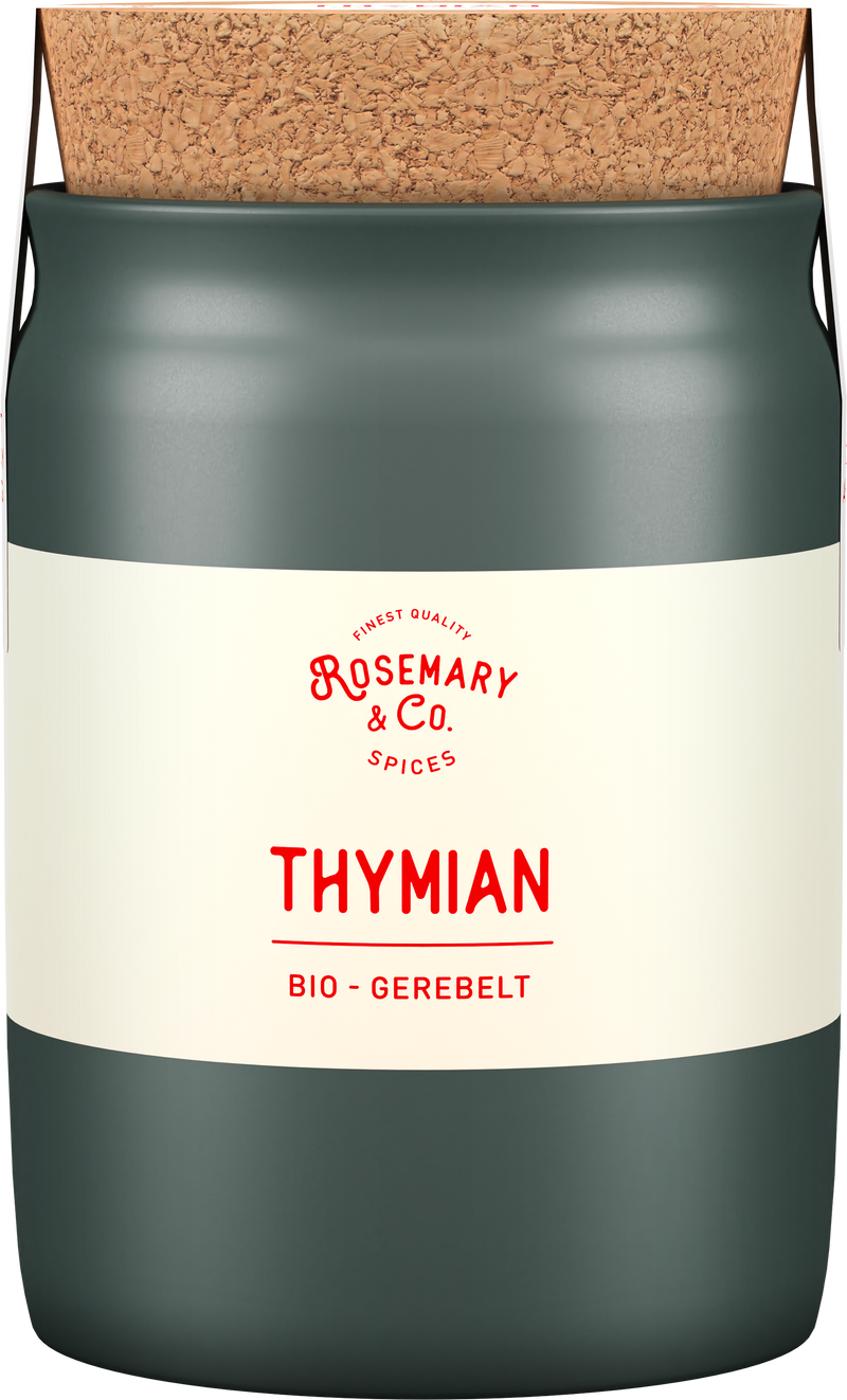 Dunkelgrüne Dose mit Korkdeckel und Aufschrift Rosemary & Co. Gewürze Bio Thymian im Keramiktopf1
