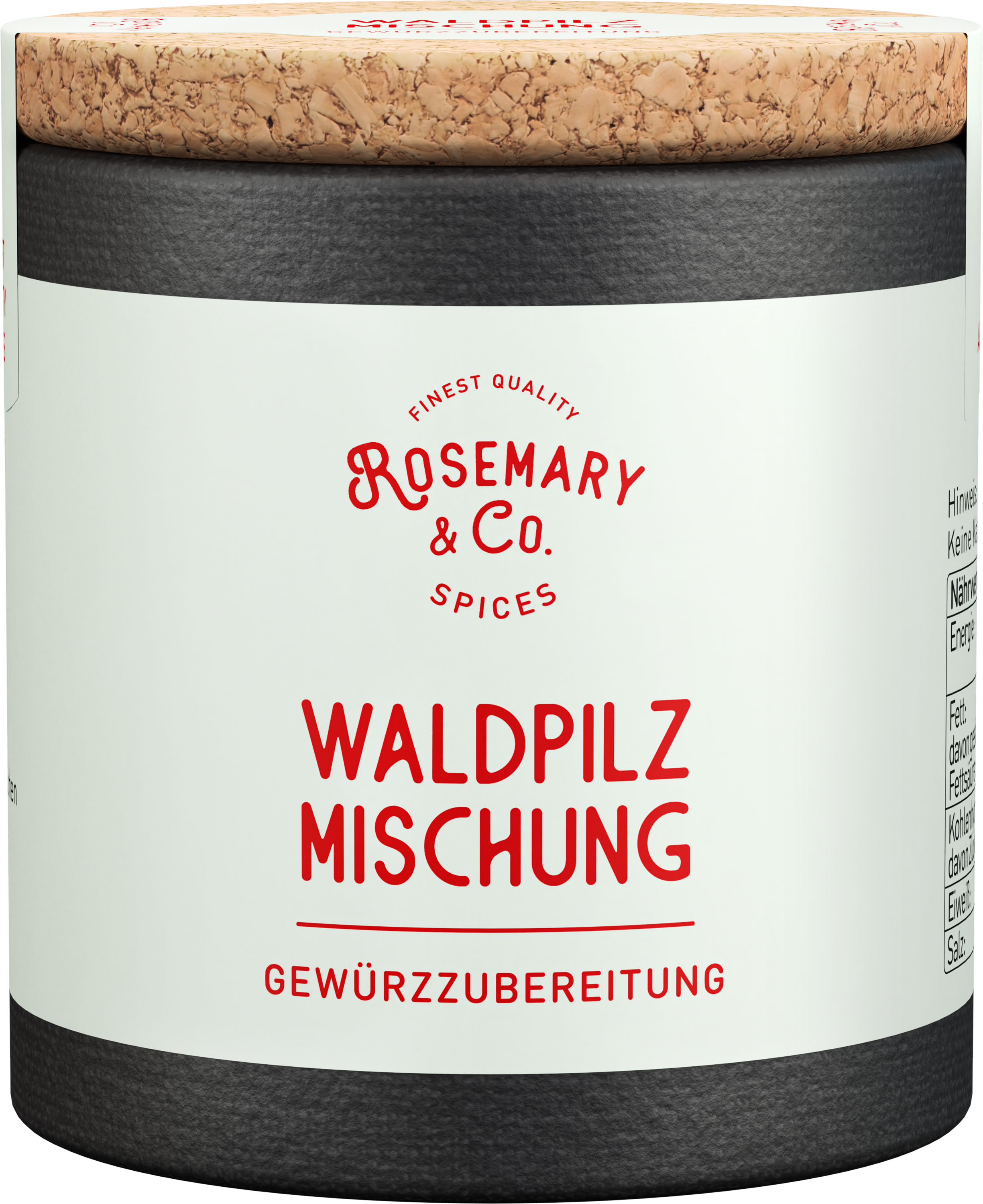 Zylindrische Dose Waldpilz Mischung von Rosemary & Co Gewürze mit Korkdeckel und weißem Etikett
