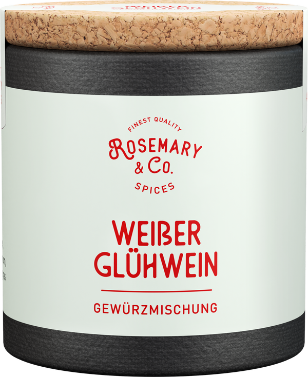 Dose mit Korkdeckel, Etikett Weißer Glühwein, Marke Rosemary & Co. Gewürze, schwarz-weißes Design