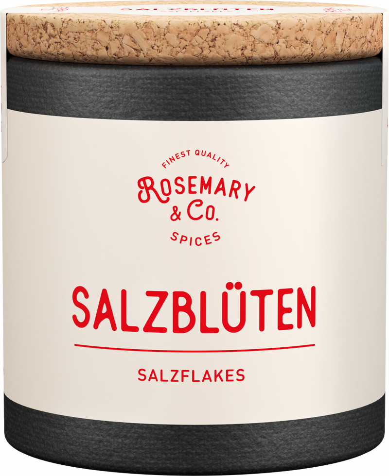 Runde Dose mit Korkdeckel, Aufschrift Salzblüten von Rosemary & Co Gewürze, rote und schwarze Schrift1