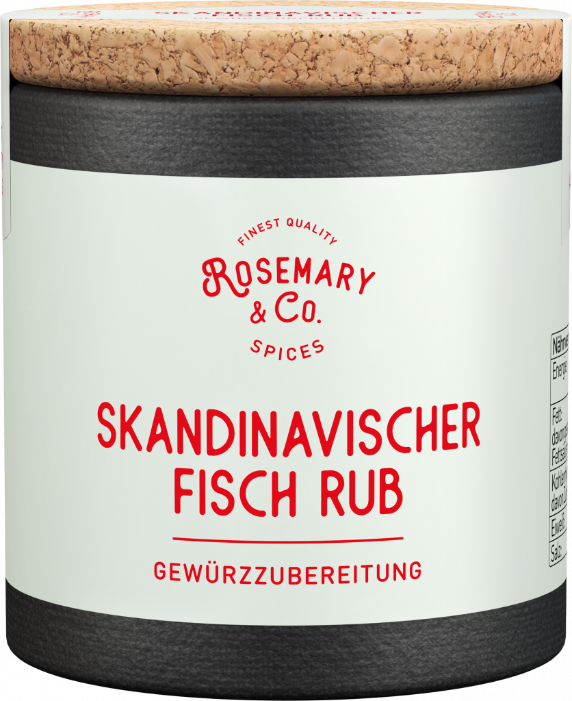 Runde Dose mit Korkdeckel, Etikett Skandinavischer Fisch Rub von Rosemary & Co Gewürze