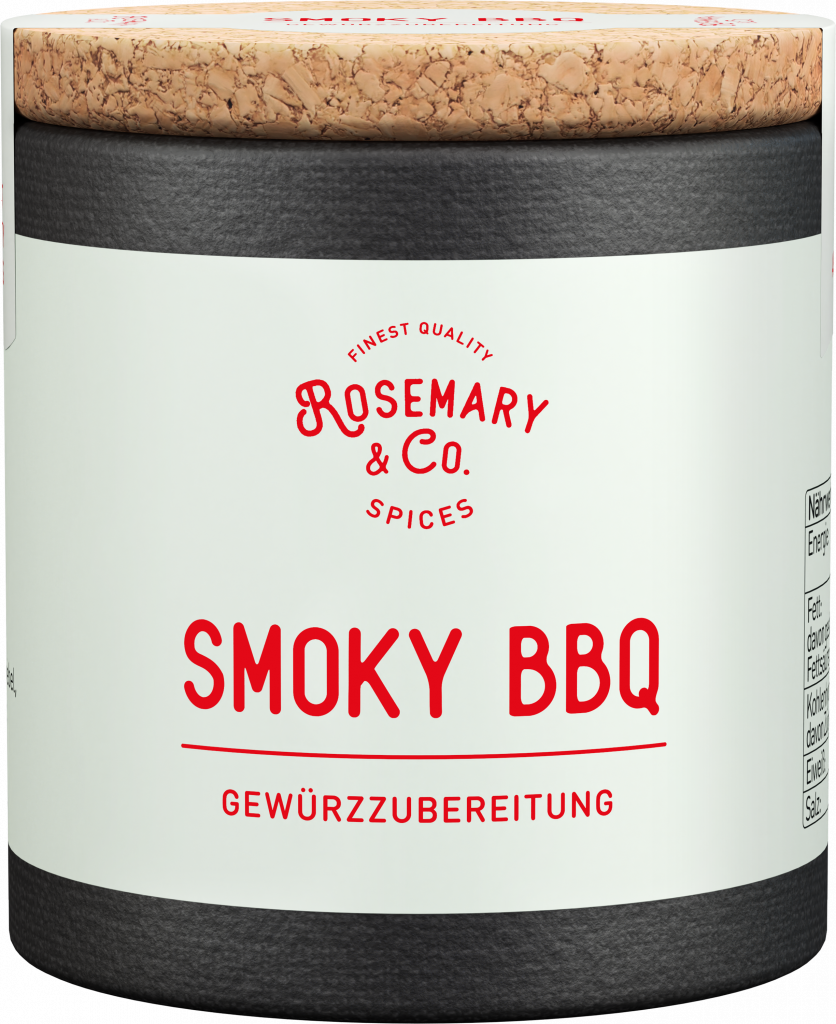 Dose mit Aufschrift Rosemary & Co. Gewürze Smoky BBQ, schwarz-weiß, Korkdeckel