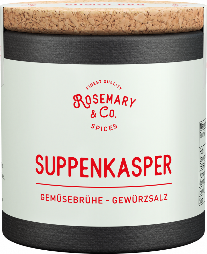 Dose von Rosemary & Co. Gewürze mit Korkdeckel und cremefarbenem Etikett mit roter Schrift1