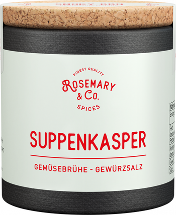 Dose von Rosemary & Co. Gewürze mit Korkdeckel und cremefarbenem Etikett mit roter Schriftall5