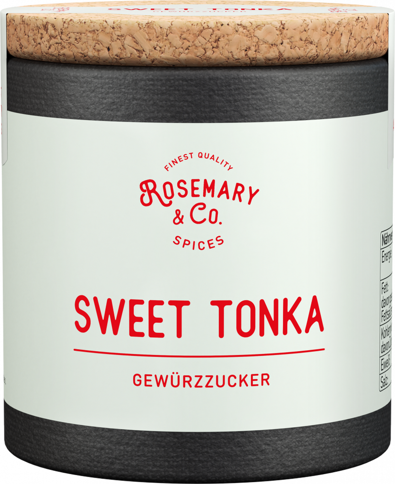 Dose Rosemary & Co. Sweet Tonka Gewürz mit Korkdeckel und weißem Etikett mit roter Schrift1