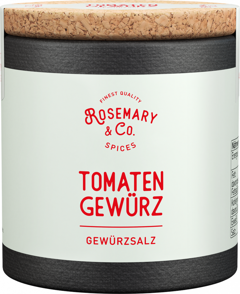 Schwarz-weiße Dose mit Korkdeckel, Aufschrift Tomaten Gewürze von Rosemary & Co. Gewürze1