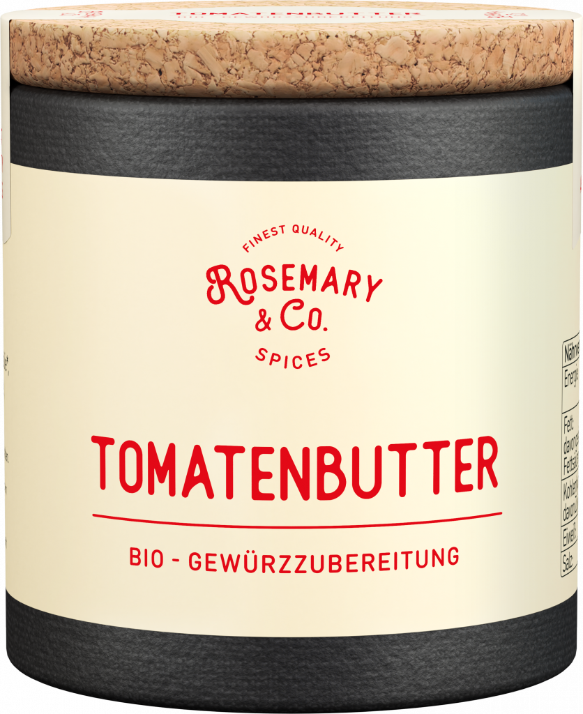 Dose Rosemary & Co. Gewürze Tomatenbutter Bio mit Korkdeckel und cremefarbenem Etikett mit roter Schrift