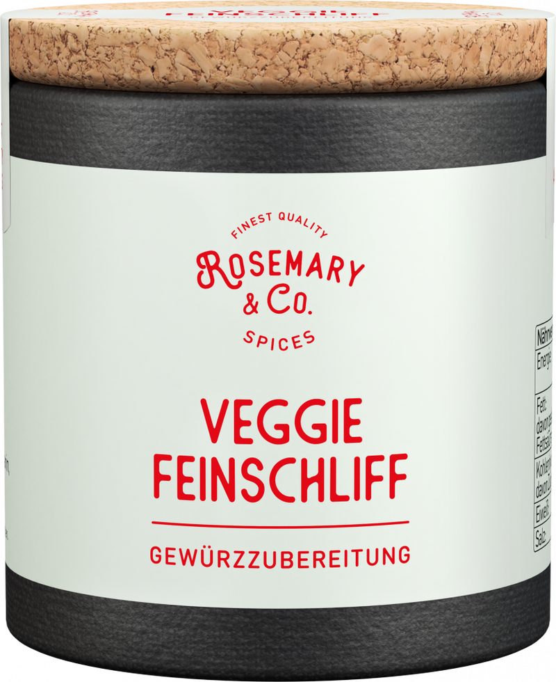 Dose mit Korkdeckel, Aufschrift Rosemary & Co. Gewürze Veggie Feinschliff1