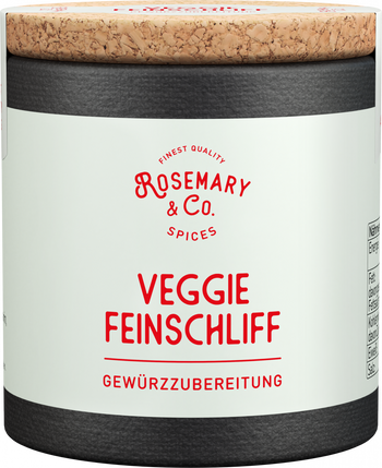 Ein zylindrischer Behälter mit Korkdeckel und der Aufschrift „Rosemary & Co. Gewürze Veggie Feinschliff“ steht auf weißem Grund. Das minimalistische Etikett mit rotem Text eignet sich ideal für Gemüsevariationen und kreative Gemüsegerichte.all6