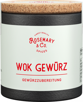 Ein zylindrischer Behälter mit Korkdeckel und der Aufschrift „Rosemary & Co. Gewürze Wok Gewürz“. Das weiße Etikett mit rotem Text auf schwarzem Grund suggeriert eine exotische Note für perfekte Wok-Gerichte.all6