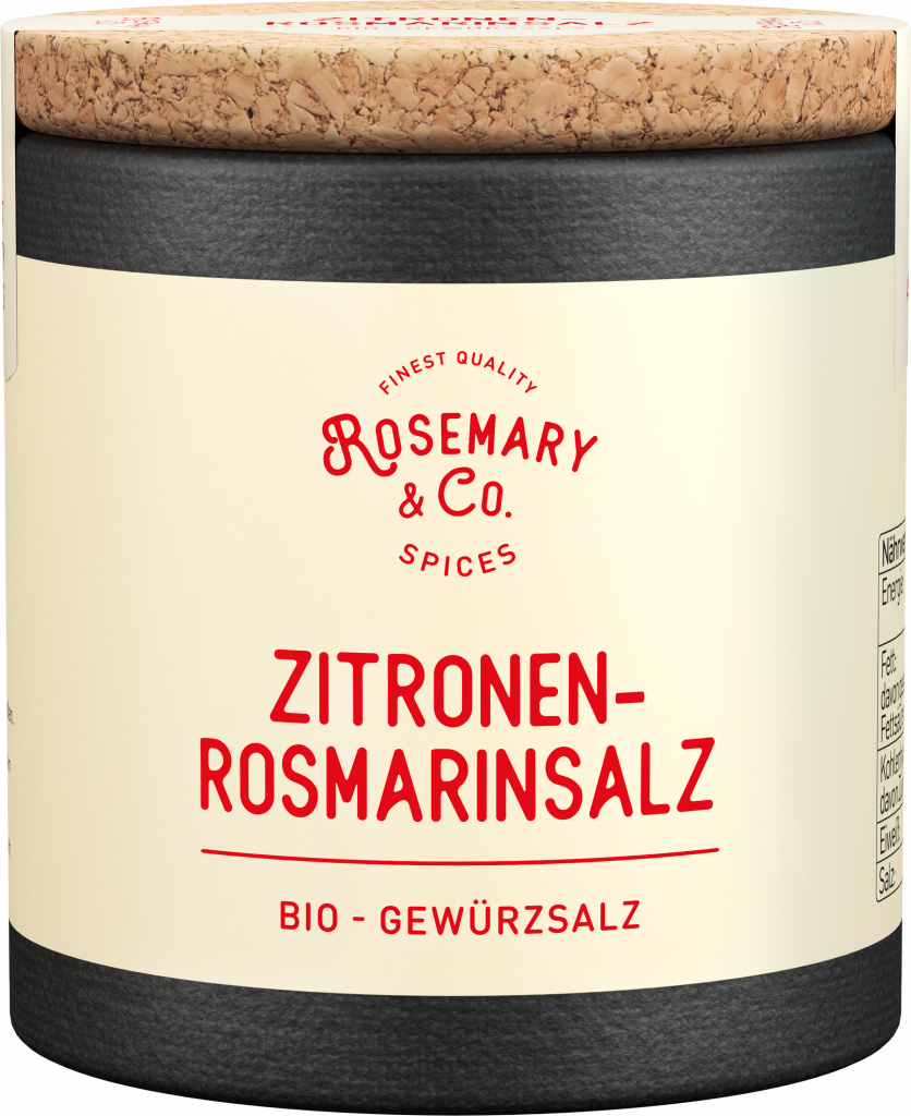 Dose Zitronen-Rosmarinsalz Bio von Rosemary & Co Gewürze mit Korkdeckel, schwarz-cremefarben